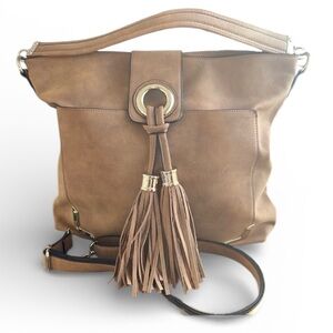 Aldo Crossbody Shoulder Bag Camel Tassels Vegan Leather Suede Feel